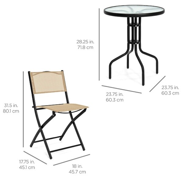 3Piece Patio Bistro Dining Furniture Set w/Textured Glass Tabletop,2 Folding Chairs,Steel Frame,Polyester Fabric
