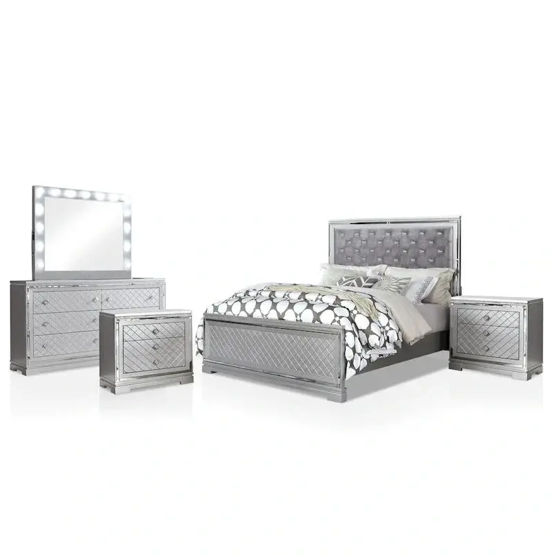 Seleena Glam Bedroom Set – 5-Piece Tufted Panel Collection with USB Charging Ports and Silver-Wood Accents