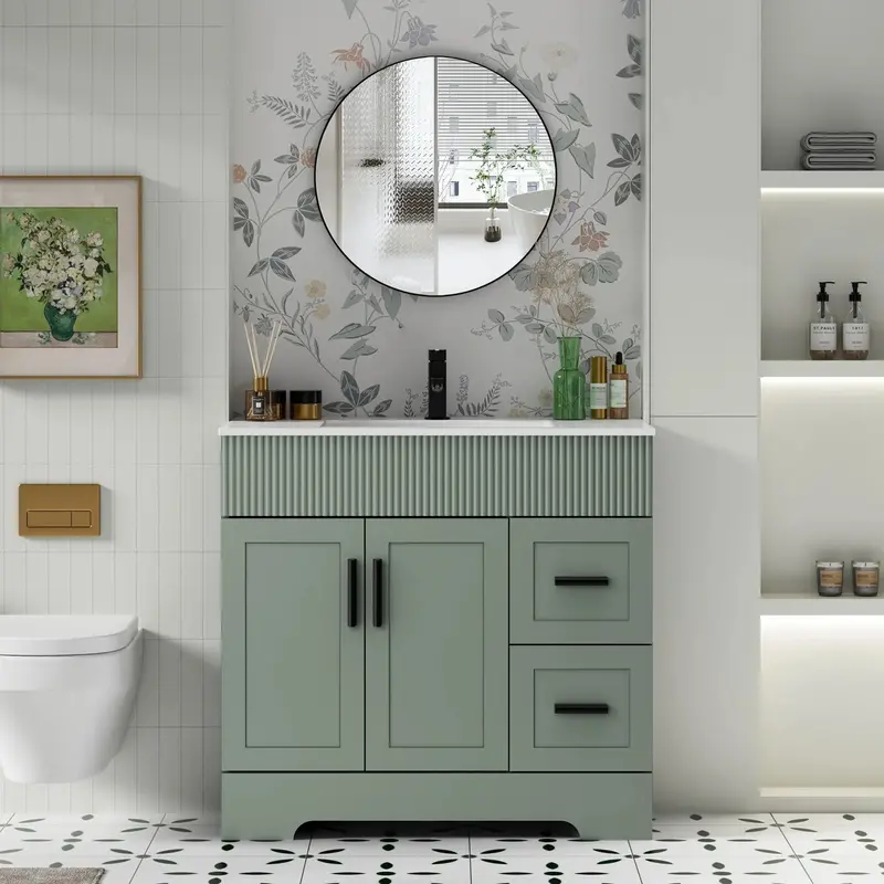 Wavy-Line Bathroom Vanity – 30″, 36″, or 48″ Single-Sink Set with Faucet