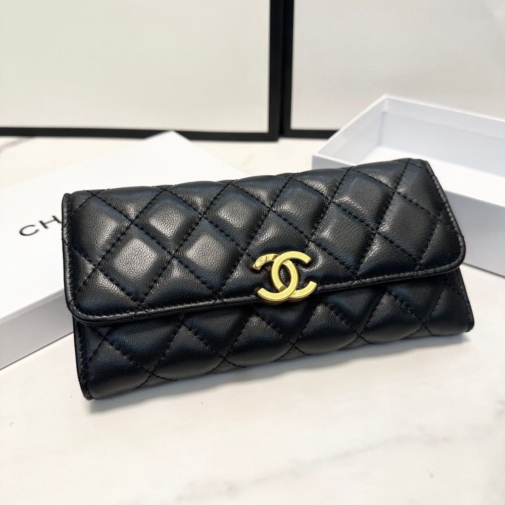 Chanel Cc Logo Long Flap Wallet Gold Black 7.5 Inches