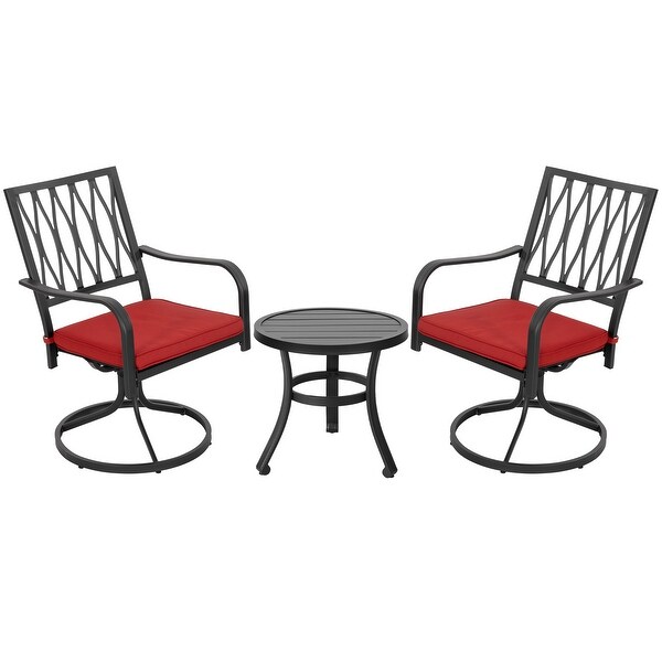 Nuu Garden 3Piece Outdoor Patio Bistro Set,Swivel Chairs with Red Cushions and Round Iron Bistro Table,Black