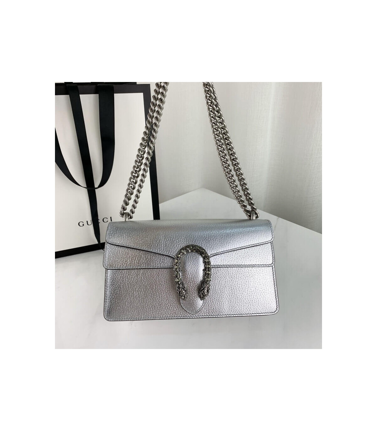 Gucci Dionysus Small Shoulder Bag in Silver Lame Leather