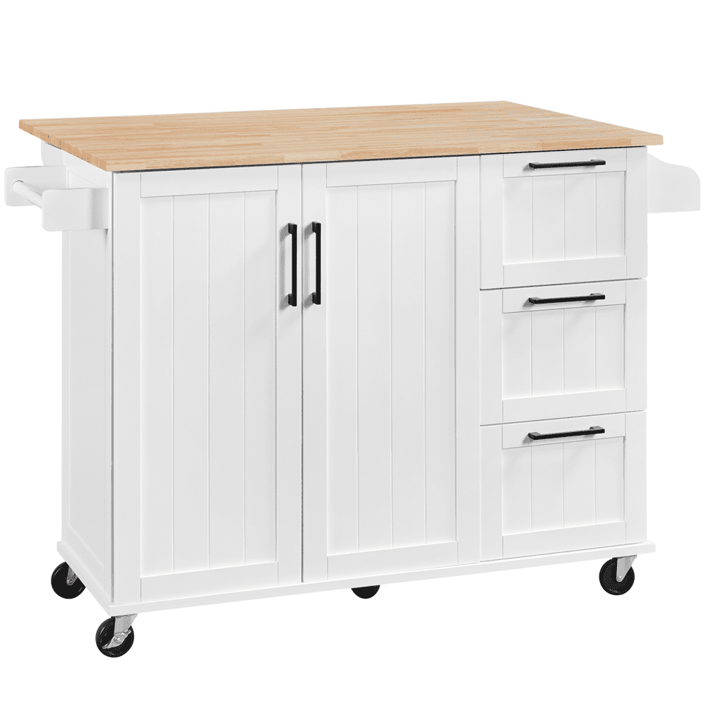 Topeakmart Wood Top Rolling Kitchen Cart Island with Storage Cabinet and 3 Drawers and Spice Rack, White