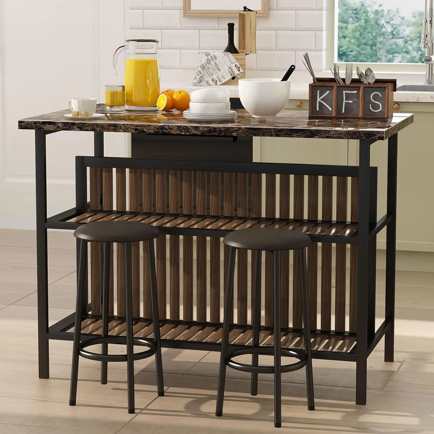 tantohom 3-Piece Home Bar Dining Table Set, 47 inch Bar Height Table and Chairs with Top Artificial Marble and 2-Layer Storage Shelf,Suitable For Family Two-Person Date, Living Room(Brown)
