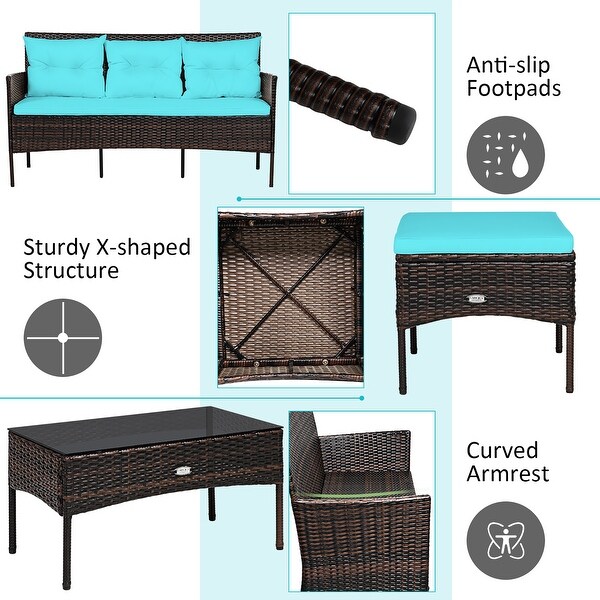 Costway 3PCS Patio Rattan Furniture Set 3Seat Sofa Cushioned Table