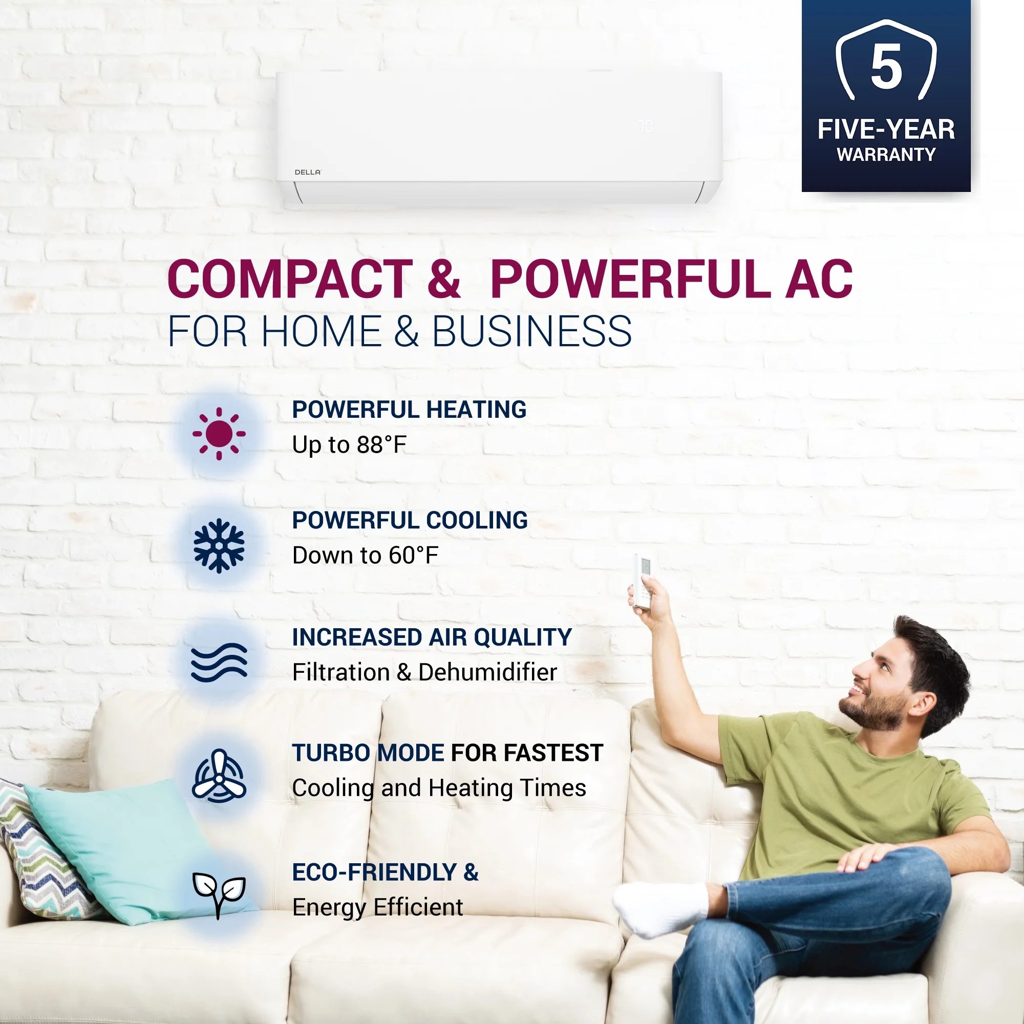 DELLA Optima Series 12,000 BTU Wifi Mini Split AC, Work with Alexa,Energy Star 115V 22 SEER2 Cools Up to 550 Sq.Ft Inverter Air Conditioner with 1 Ton Pre-Charged Heat Pump & 16.4ft Installation Kits