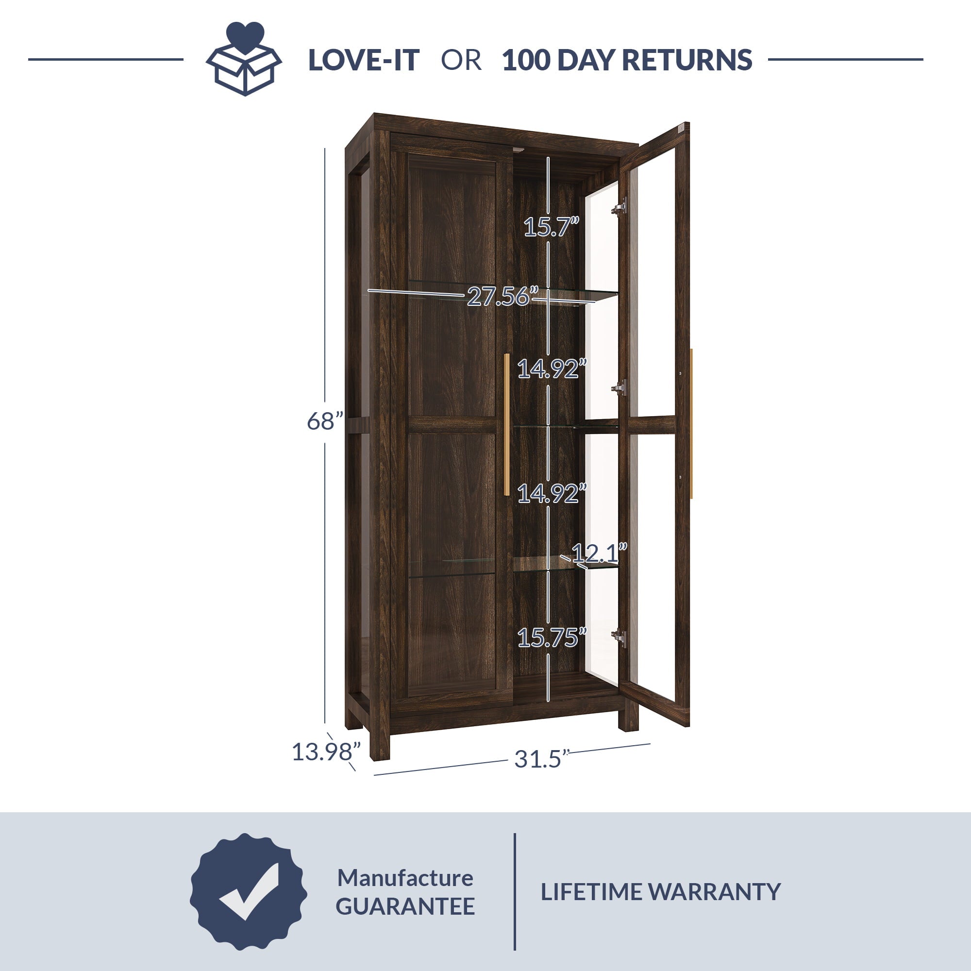 BELLEZE Storage Cabinet, Tall Bookshelf or Display Cabinet For Living Room Bedroom, Curio Cabinet with Tempered Glass Doors, Trophy Display Case, Storage/Organization - Avalon (Dark Walnut)