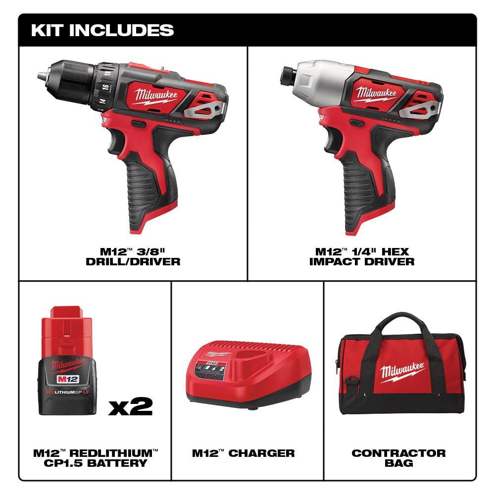 Milwaukee M12 12V Lithium-Ion Cordless Drill Driver/Impact Driver Combo Kit w/ Two 1.5Ah Batteries, Charger Tool Bag (2-Tool) 2494-22