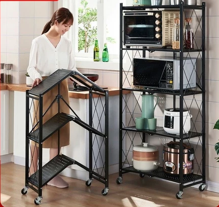 Foldable Storage Rack With Whee 3/4/5 Tiers Kitchen Rack Shelf Microwave Rack