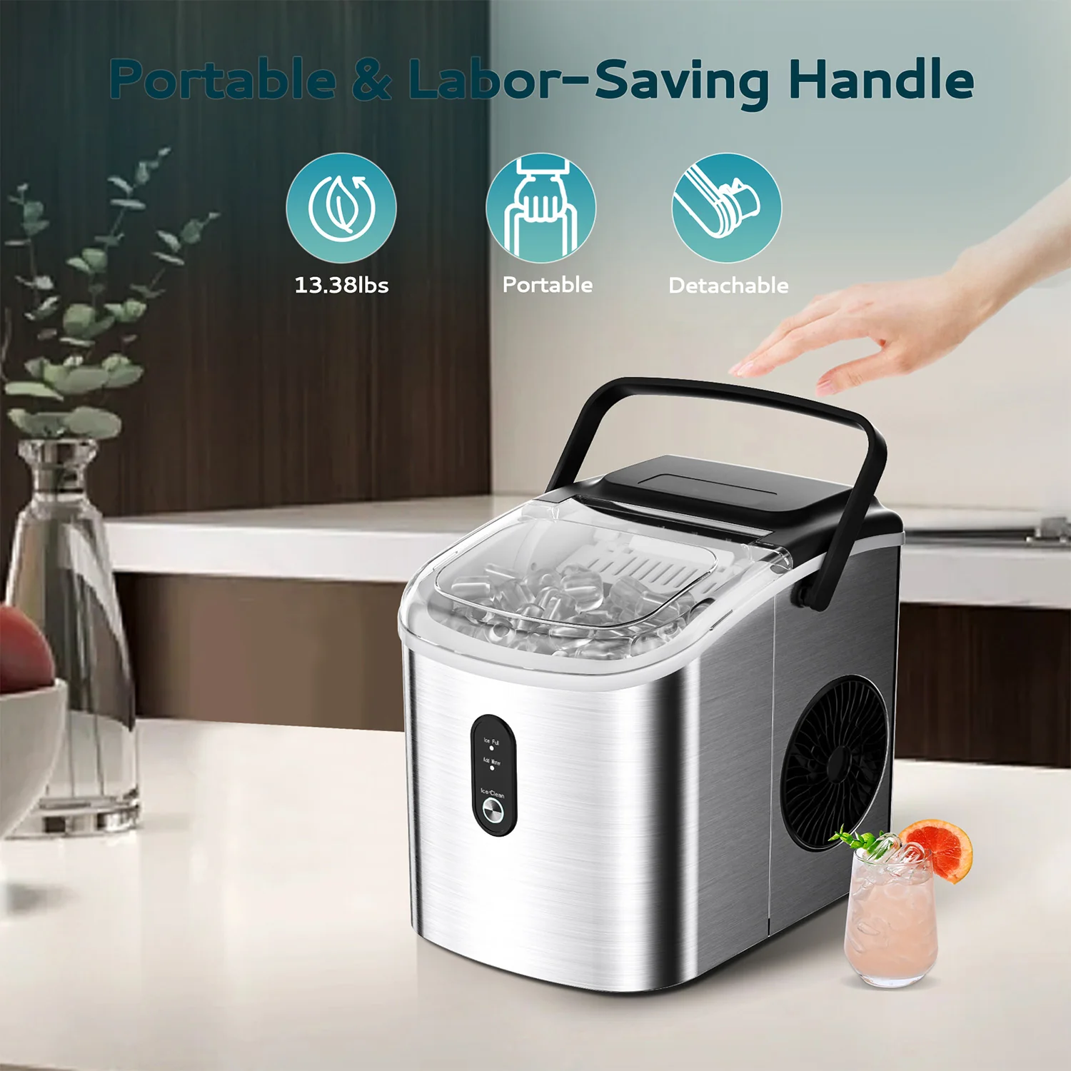 Countertop Ice Maker Machine with Handle 26.3lbs per Day 9 Cubes in 6 Mins