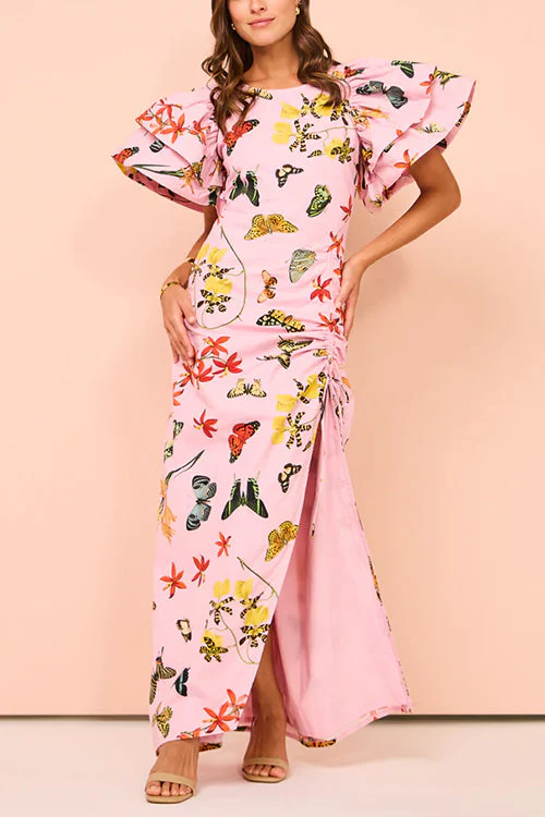 Printed Maxi Dress with Flutter Sleeves & SlitClistos