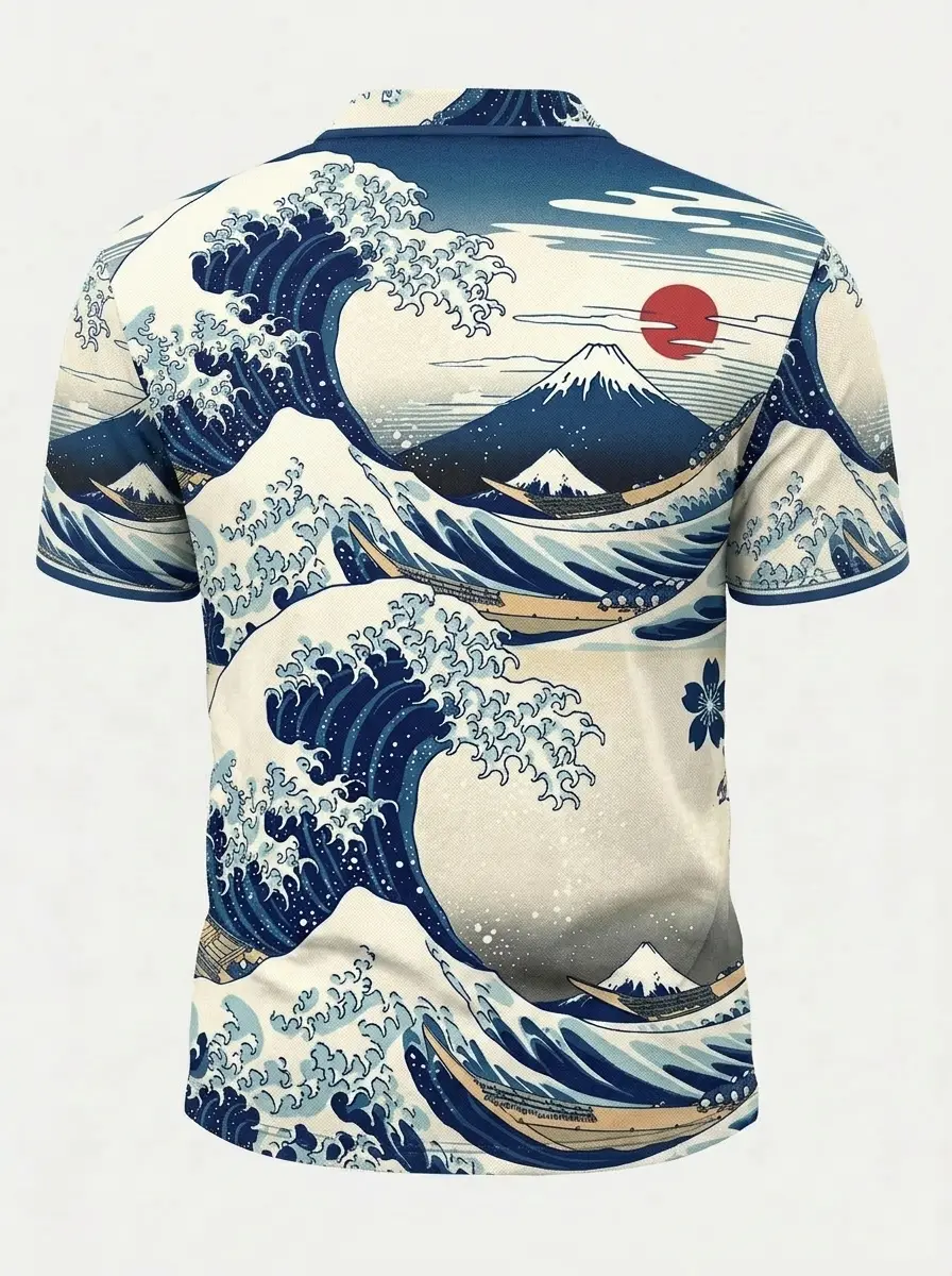 Moisture Wicking Golf Polo 3D Blue White Great Wave Button Short Sleeve Golf Polo Shirt