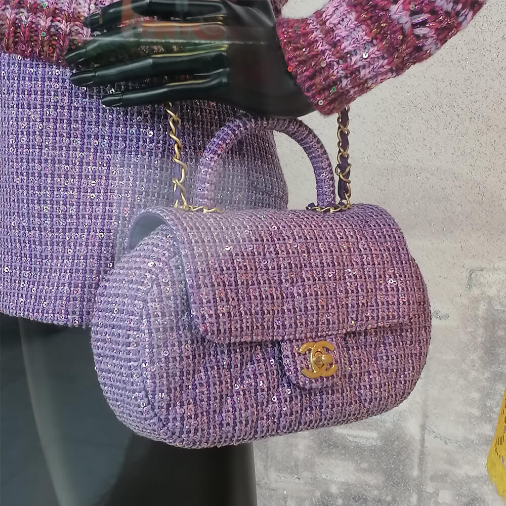 Chanel Mini Sequin Flap Bag with Top Handle Purple Tweed