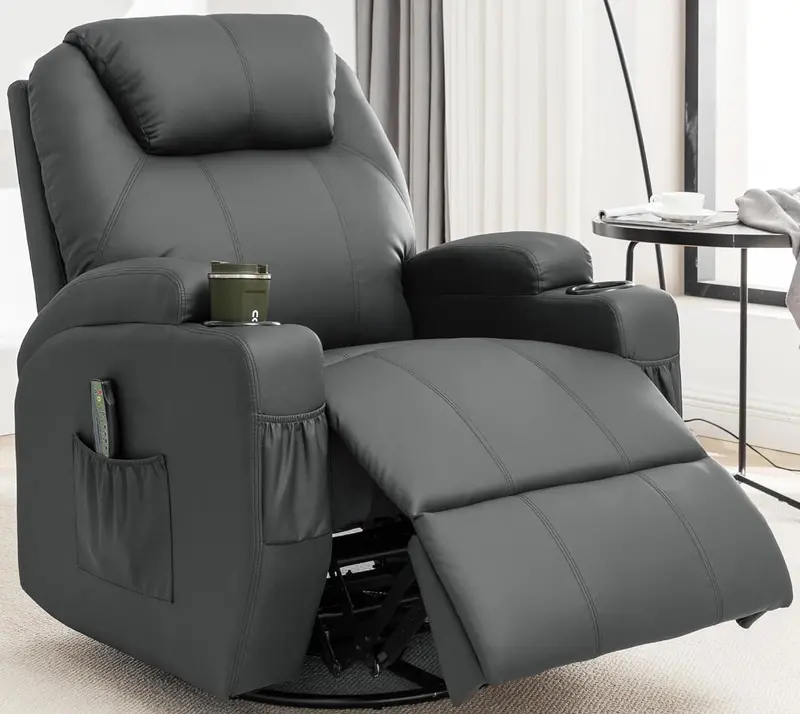 Swivel Recliner Chair with Heat & Massage Functions – Manual Rocking Lounge Chair Featuring Remote Control, Cup Holder, and 360° Rotation