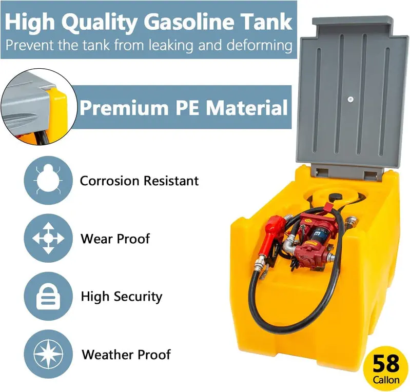 TECSPACE 58-Gallon Portable Fuel Tank – 12V Electric Transfer Pump, 40 GPM, 4-Meter Hose (Yellow)