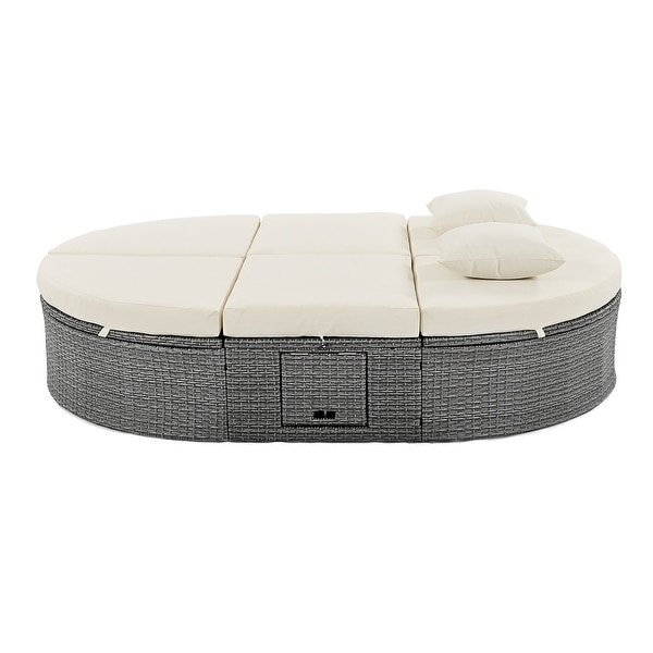2Person Rattan Garden Reclining Chaise Lounge Daybed with Cup Trays