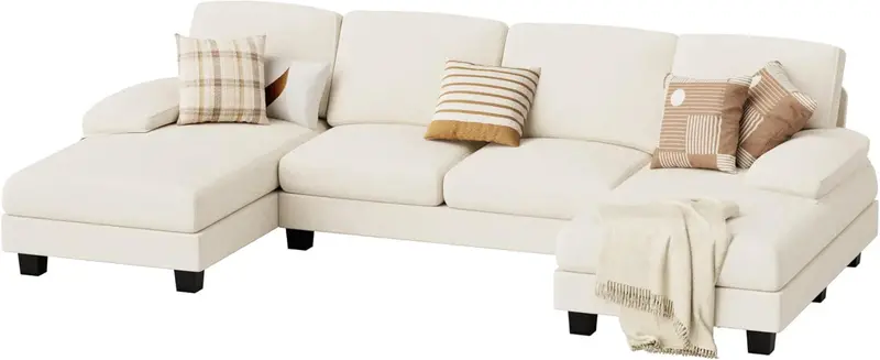 U-Shaped Sectional Sofa – 4-Seat Chenille Fabric Living Room Couch with Removable Pillows, Ideal for Small Spaces (Grey)