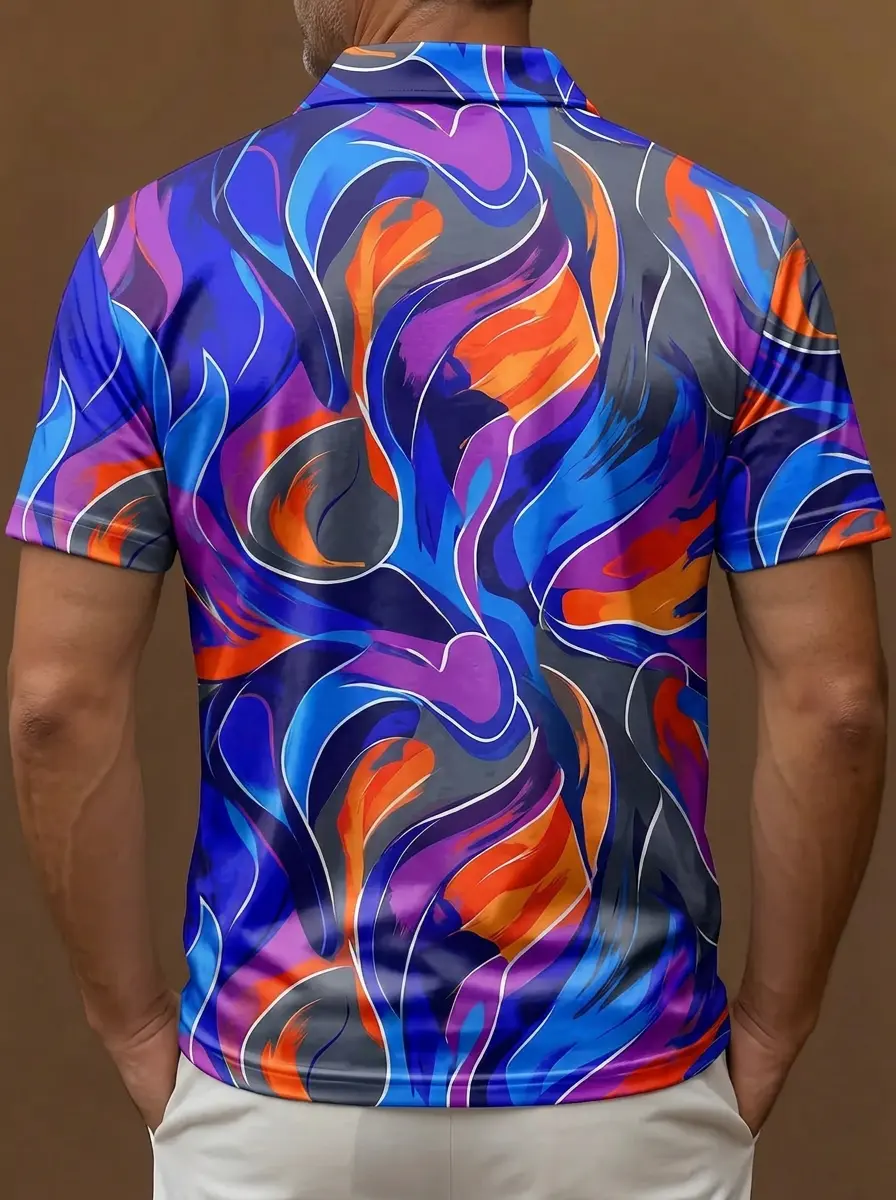 Blue Purple Orange Abstract Swirl Print Short Sleeve Golf Polo Shirt