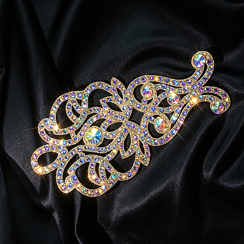 Gold ABCrystal Rhinestone Applique Large Rhinestone Patch Bridal Gown Dance Costume Evening Dress Garment Embellishment DIY BL03