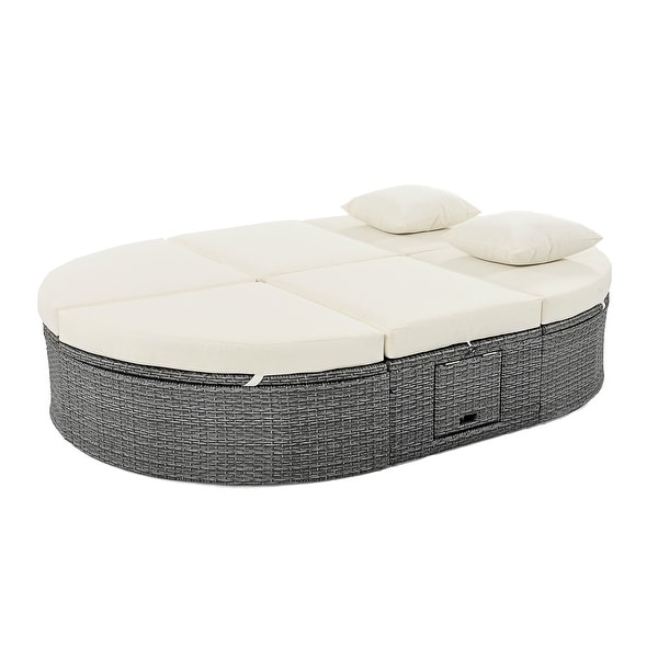 2Person Rattan Garden Reclining Chaise Lounge Daybed with Cup Trays