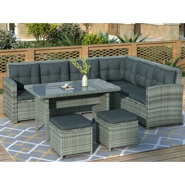 Gray 6Piece Outdoor Rattan Patio Furniture Sectional Sofa Set for 8 People with Removable Cushion Cover
