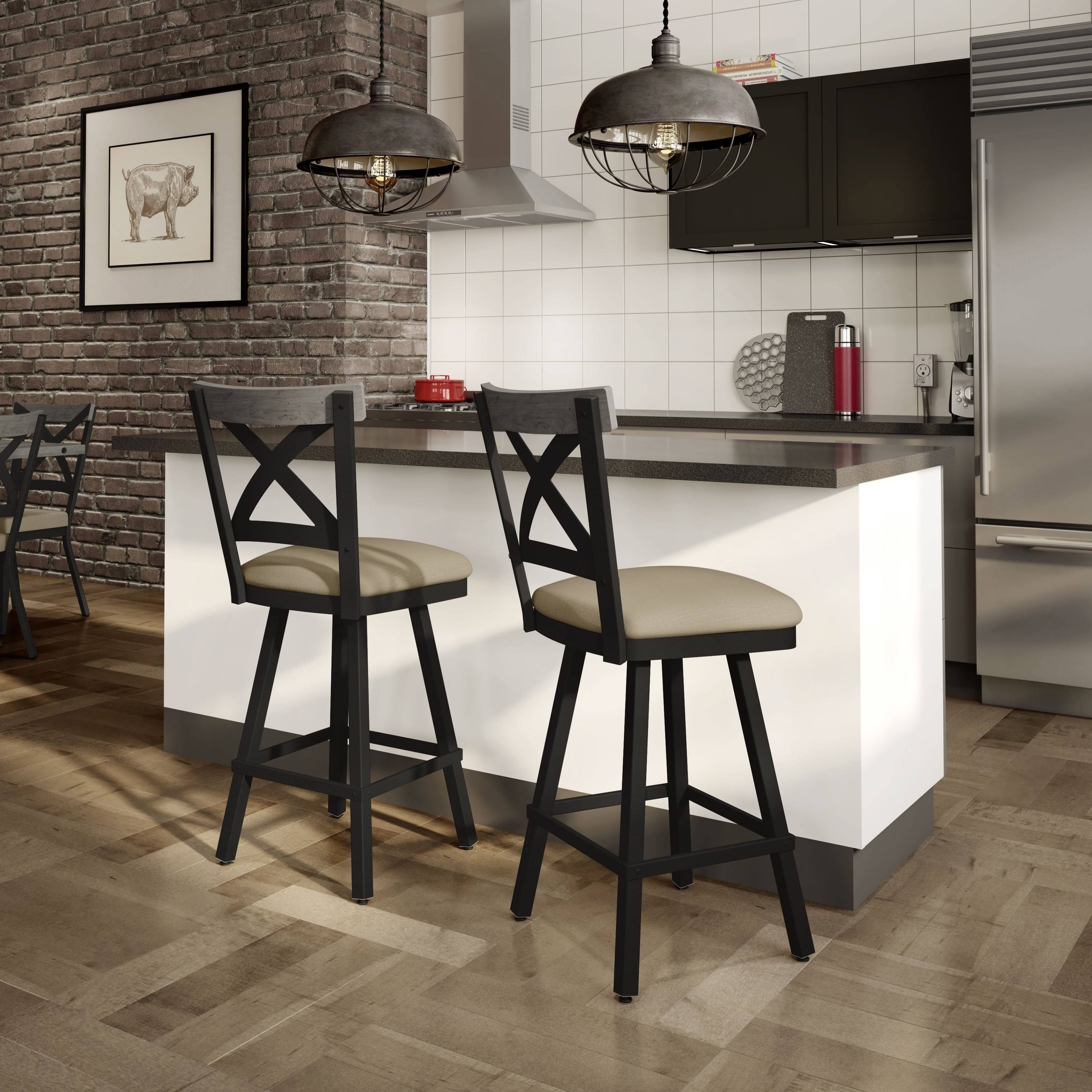 Amisco Snyder Swivel Counter and Bar Stool - Black Faux Leather / Grey Wood / Black Metal - Counter Height