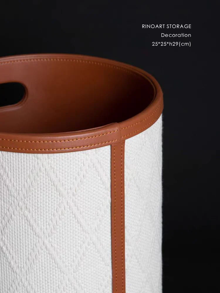 DC309 - Home Loro Piana antique white pearl embossed leather outer stitched leather storage basket bedroom dirty clothes basket