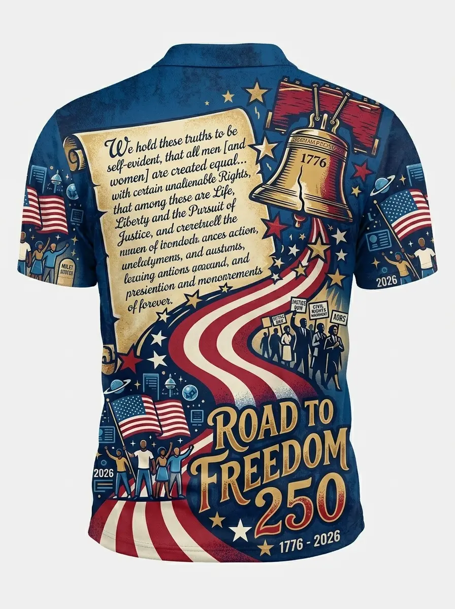 Moisture Wicking Golf Polo 3D Road to Freedom 250 Liberty Bell Civil Rights Button Short Sleeve Golf Polo Shirt