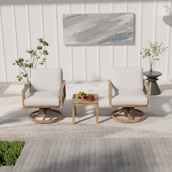 3Piece Woodgrain Aluminum Patio Conversation Set with Swivel Chairs,Rattan Chair Back and Cushions