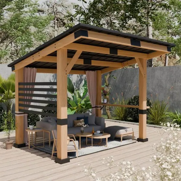 Premium 10×12 FT Cedar Gazebo – Heavy-Duty Hardtop Patio Shelter with Reinforced Metal Roof & Privacy Curtains