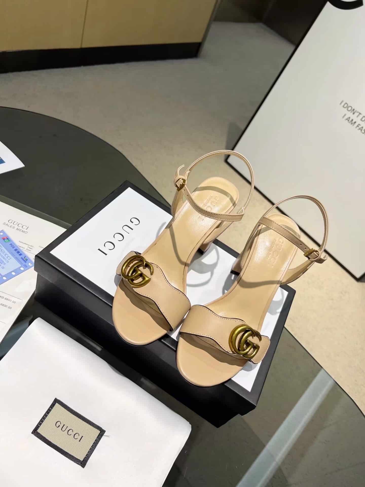 Gucci Leather Mid Heel Sandal Beige