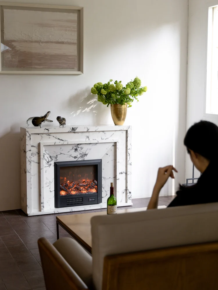 GA035 - Bulgari Ash Grey Marble! Lifelike Fire Smart Fireplace Speaker with Heating Hall Storage Side Cabinet