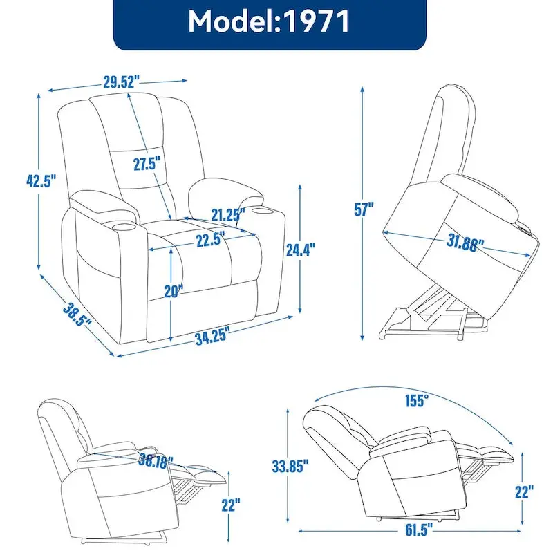 Power Lift Recliner with Heat, Massage & USB-C Charging — Wide Overstuffed Design