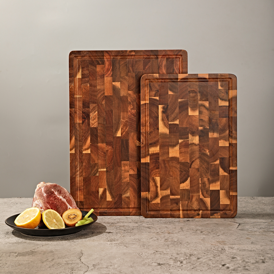 Acacia Wood End Grain Cutting Board, Thick Butcher Block for Kitchen, Juice Groove Optional