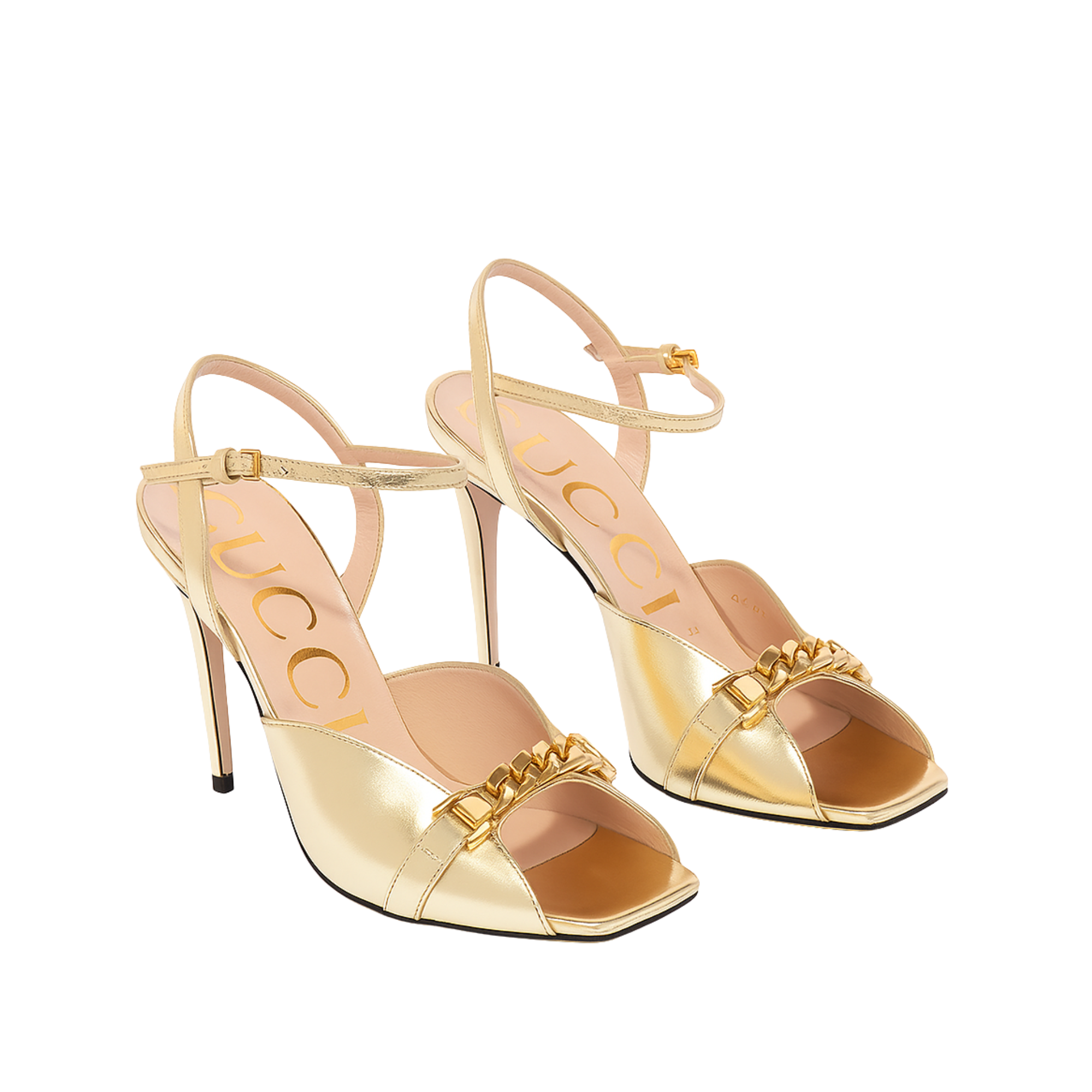 Gucci Metal Chain Stiletto Heels Flip Flop Fish Mouth Sandals Gold