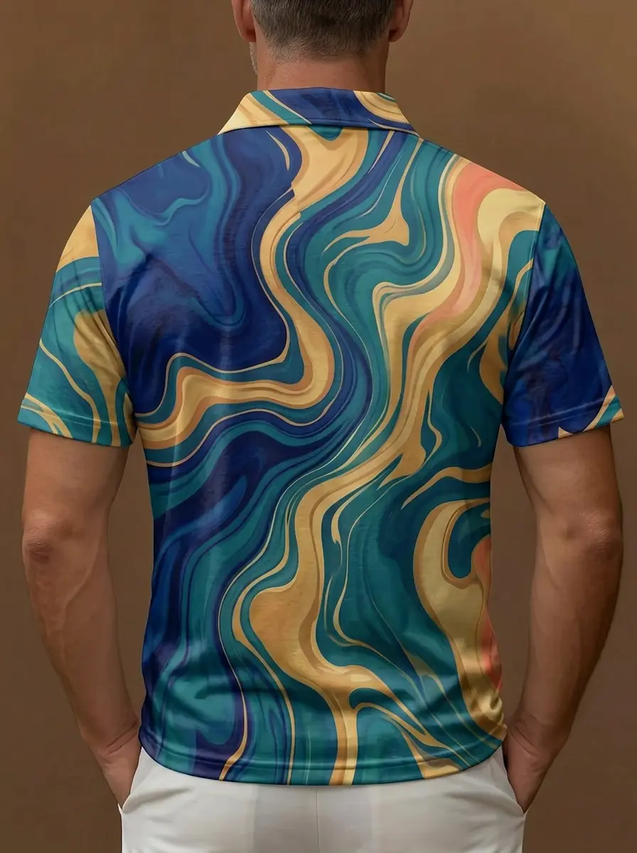 Blue Teal Gold Marble Swirl Print Short Sleeve Golf Polo Shirt