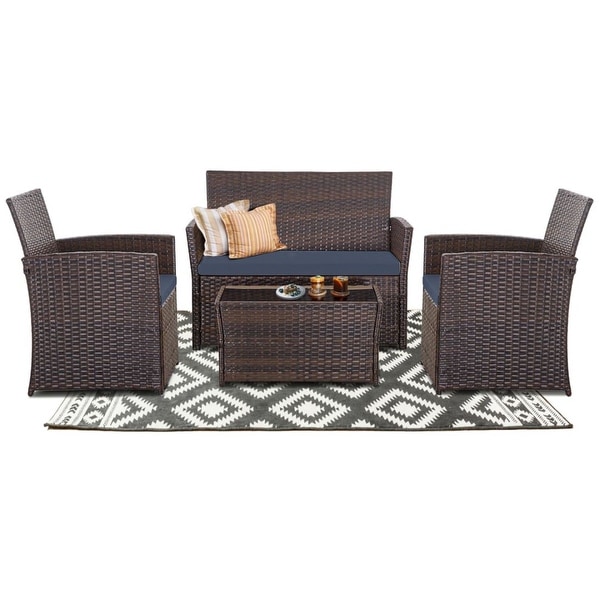 4 PCS Wicker Patio Conversation Set Rattan Seating Sofa Chair
