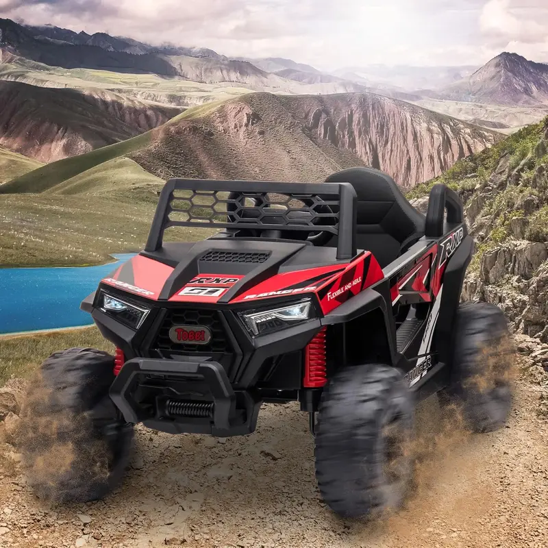 TOBBI 12V Off-Road UTV Ride-On Car – Electric Kids Truck with Double Doors, Horn, Lights, Music & Safety Belt (Rose Red, Ages 3–5)