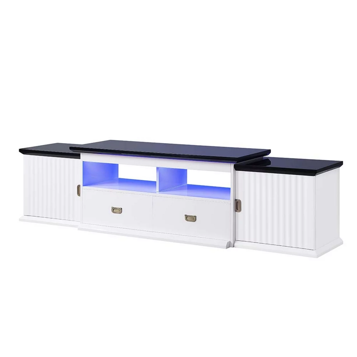 83 Inch TV Media Stand White Wood Frame Reeded Door Front 2 Shelves- Saltoro Sherpi