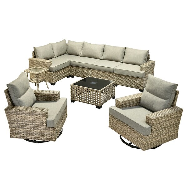 OVIOS 9 Pieces T shaped Seat Wide Armrest Swivel Chair Set With SolarPowered Table