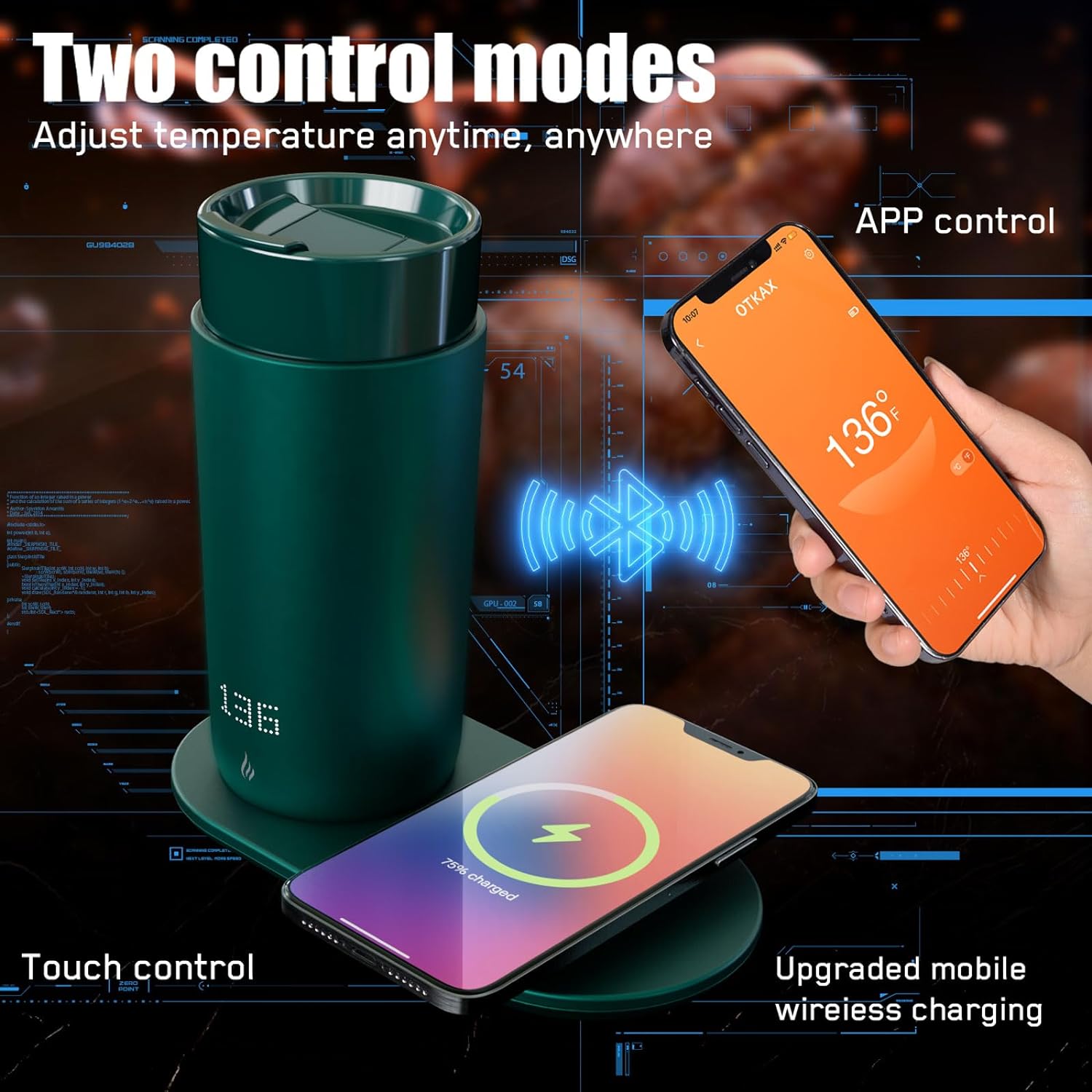 Temperature Control Heated Coffee Mug Smart Self Heating Travel Mug 12 Oz App Controlled Warmer Mug 5 Hour LED Display Keep Coffee Hot All Day up to 149℉ Fast Wireless Charger Base Black2.0