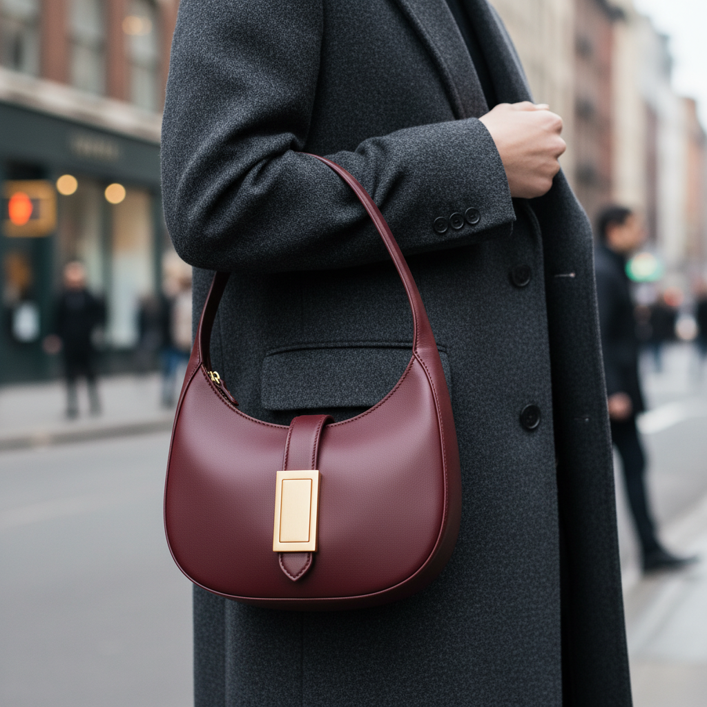 Burgundy Crescent Hobo Bag with Gold Plate Hardware