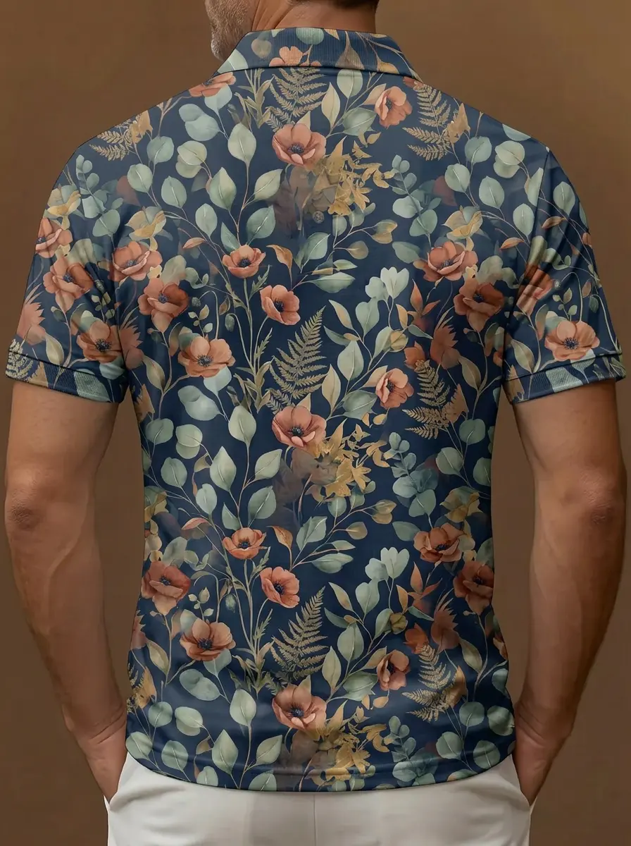 Navy Blue Poppy Floral Print Short Sleeve Golf Polo Shirt