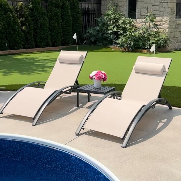 Patio Chaise Lounge Set of 3 Outdoor Lounge Chair Beach Pool Sunbathing Lawn Lounger Recliner Chiar Outside Tanning Chairs w/Arm