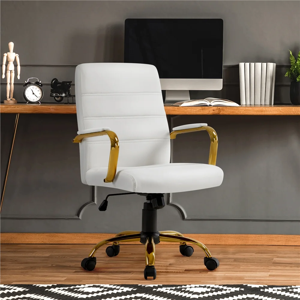 Yaheetech 360° Swivel PU Leather Office Chair with Gold Frame, White