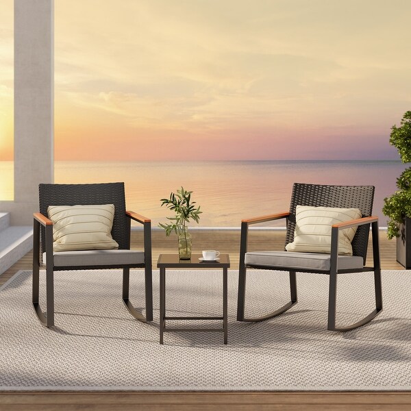 3 Piece Rocking Patio Bistro Set Wicker,Rocking Chair Pub Set with Glass Table