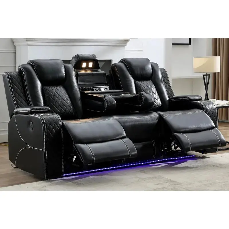 Power-Reclining Living Room Sofa – Faux Leather Seating with Wireless Charging, Reading Light, USB/AC Ports, and Cup Holders