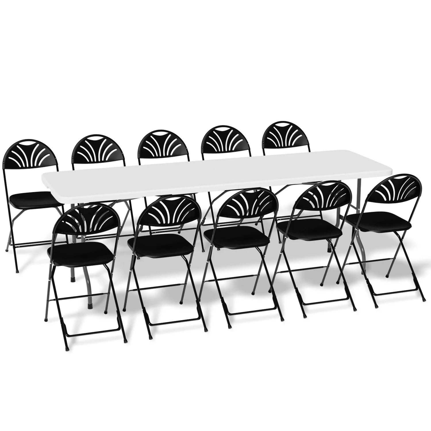 Magshion 11 Pieces 8 Ft Heavy Duty Plastic Folding Utility Dining Table and Chair Set, Outdoor Picnic Desk with Handle and Foldable Chairs, White/Black