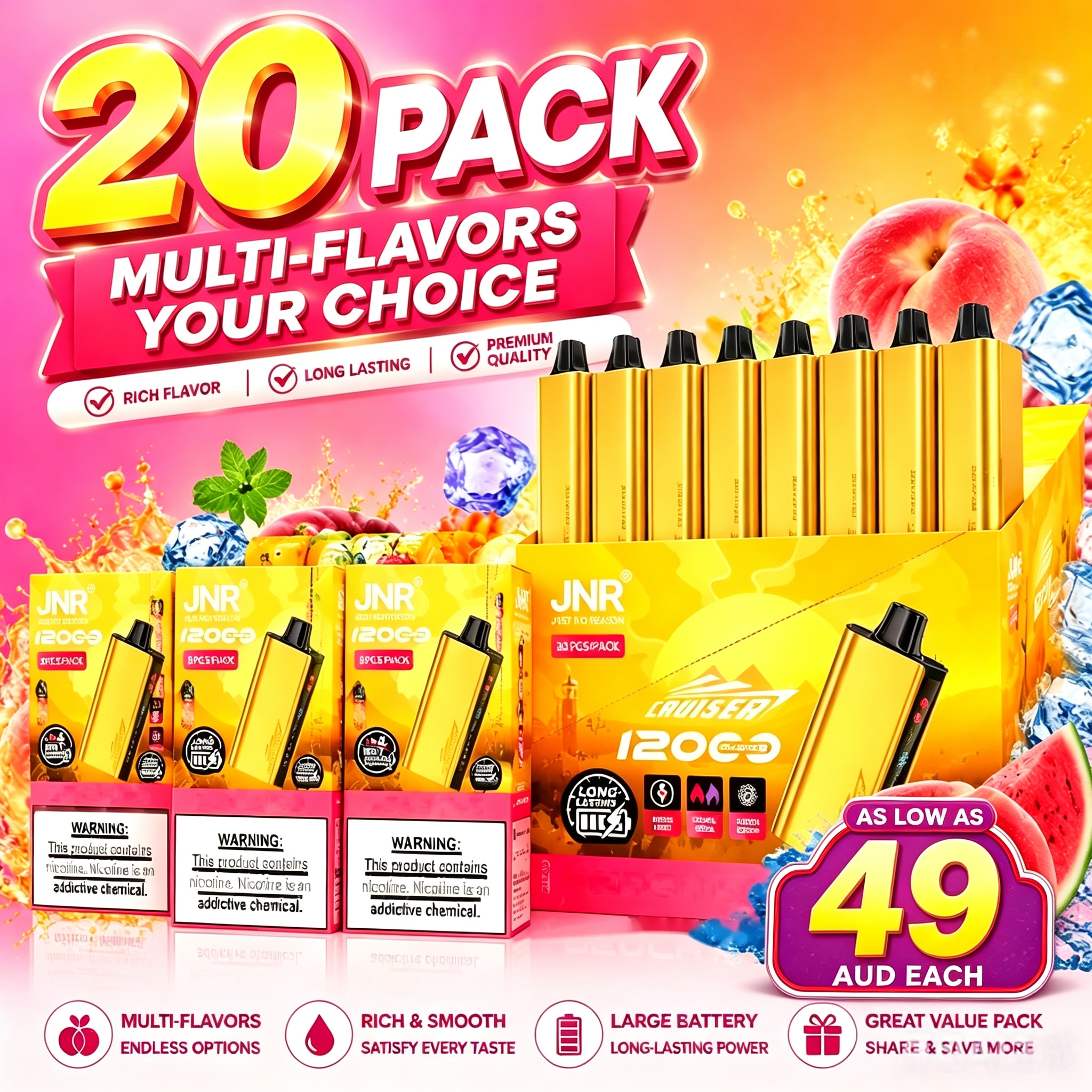 JNR Cruiser 12000 puffs1/5/10/20/30-piece pack Multiple flavors(Ship from Australia)