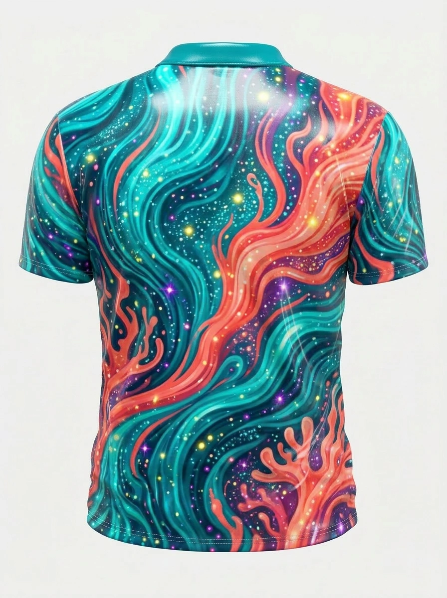 Moisture Wicking Golf Polo 3D Teal Red Galaxy Wave Button Short Sleeve Golf Polo Shirt